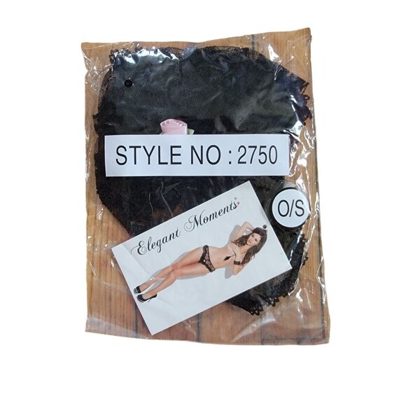 Elegant Moments Black Floral Lace Crotchless Panties One Size Pink Rose Accent - Picture 10 of 11